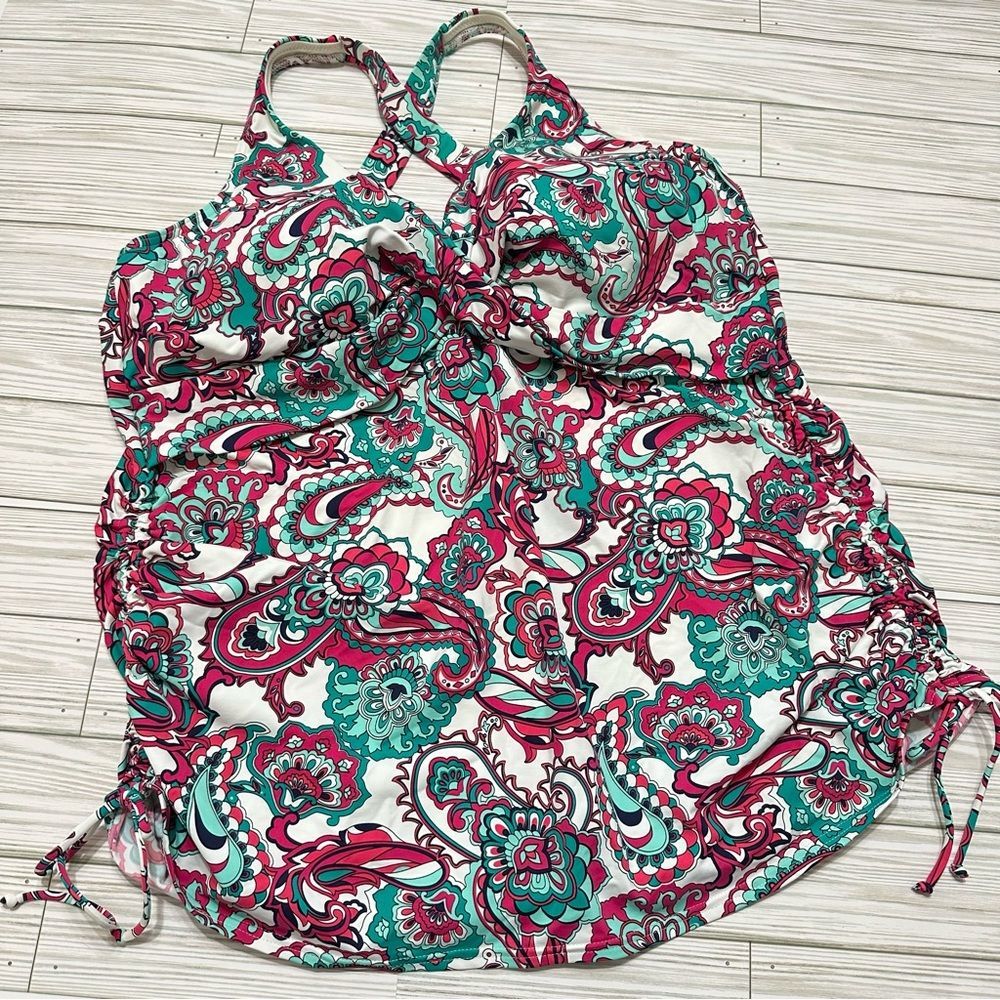 LANDS'END PAISLEY PRINT CROSSBACK WIRELESS SWIMSUIT TANKINI TOP 18W PLUS SIZE
